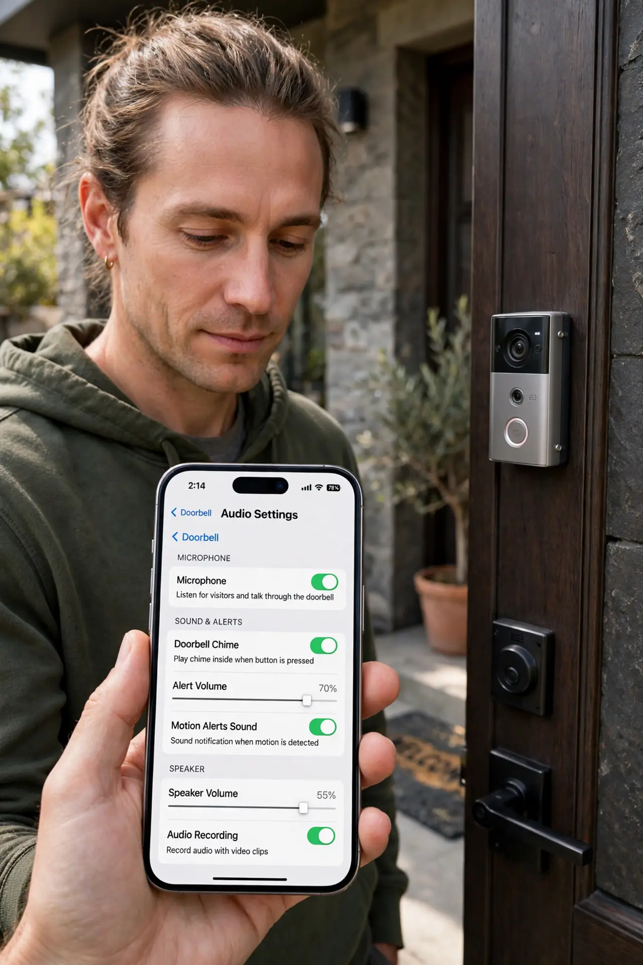 a calm adult at a front door beside a real video doorbell, holding a real iPhone showing the doorbell app's normal audio settings screen with legible text