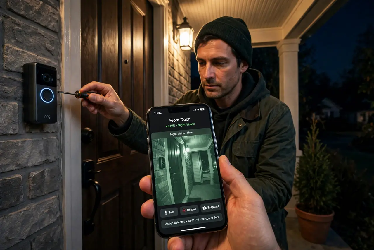 A calm adult at night on a porch adjusting a real video doorbell, a phone in hand showing the doorbell's night-vision view with legible interface text, focused expression.