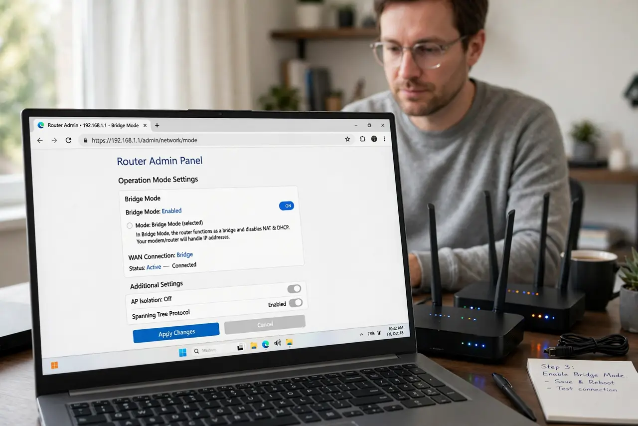 a person looking at a real laptop showing router admin settings with bridge mode options legibly visible, two real routers with blinking lights on the desk, ...