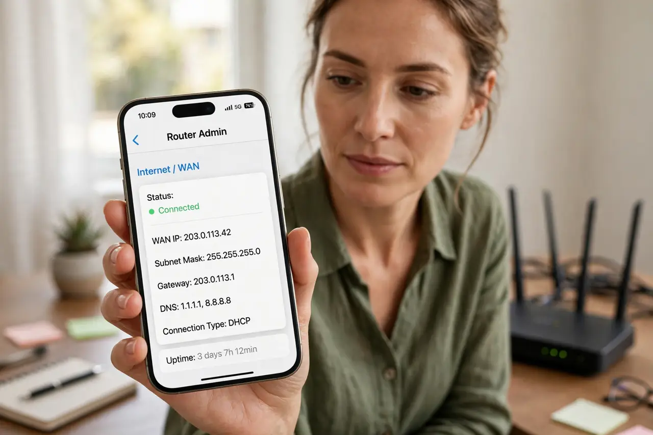 Two Routers — a calm adult holding a real phone showing a router admin page with a fully legible WAN IP line, a second route