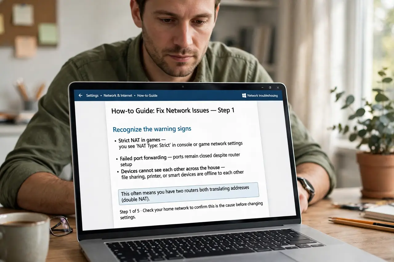 Two Routers Cause Double NAT Warning Signs — step 1 being performed on the device.