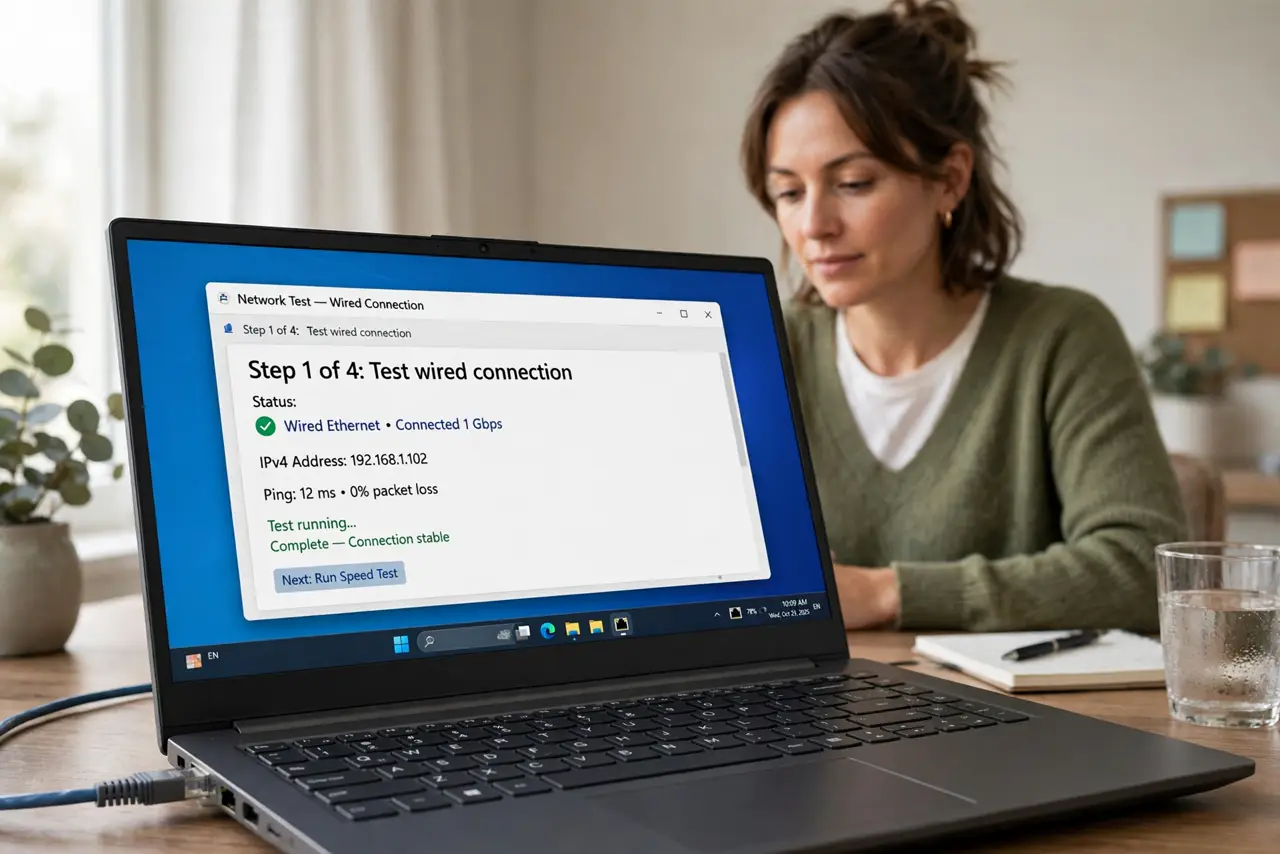 Person performing step 1: Test wired, alone, and quiet. Connect one computer to the router with a cable, close every stream and download, and run the test. A...