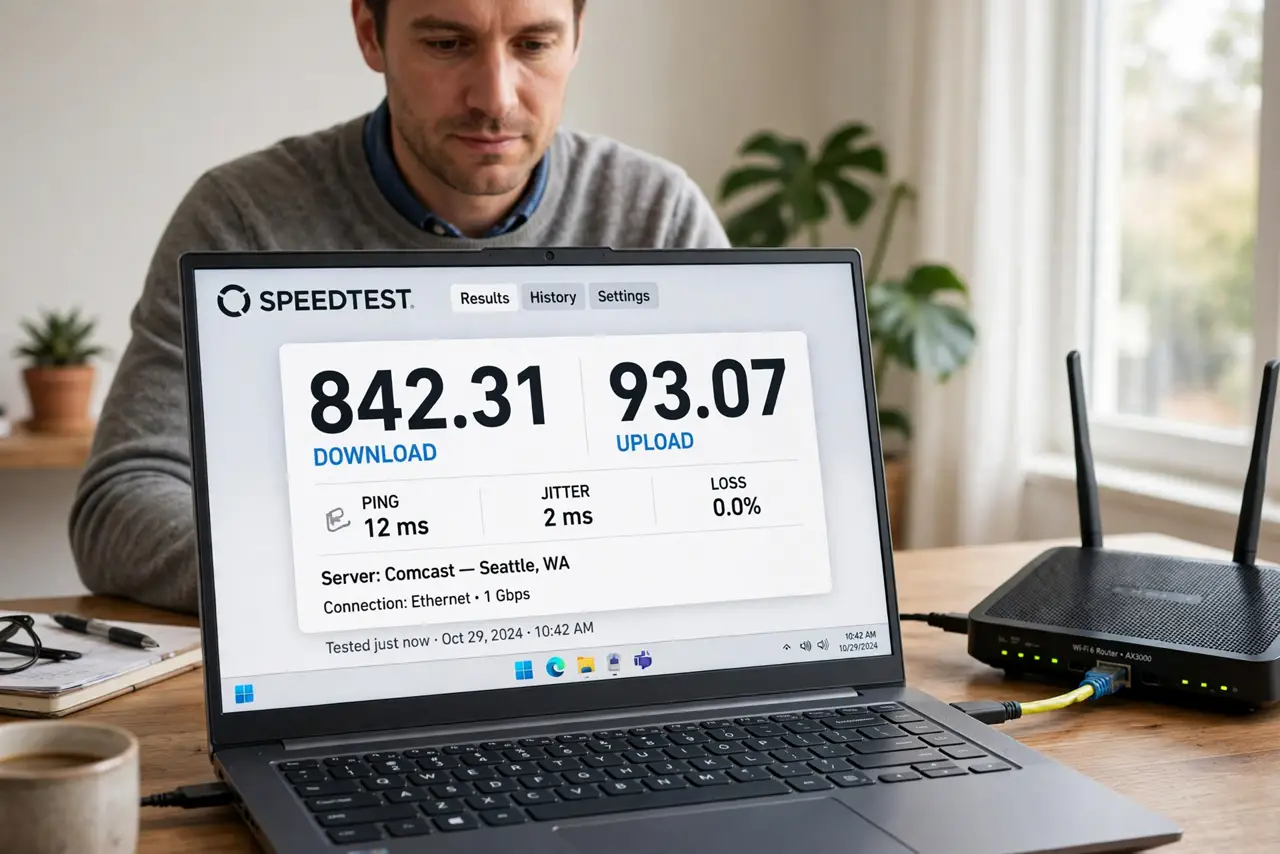 Photorealistic photo: A calm adult at a desk with a real laptop wired to a real router, the real speed test result visible complete and legible, the person checking calmly.