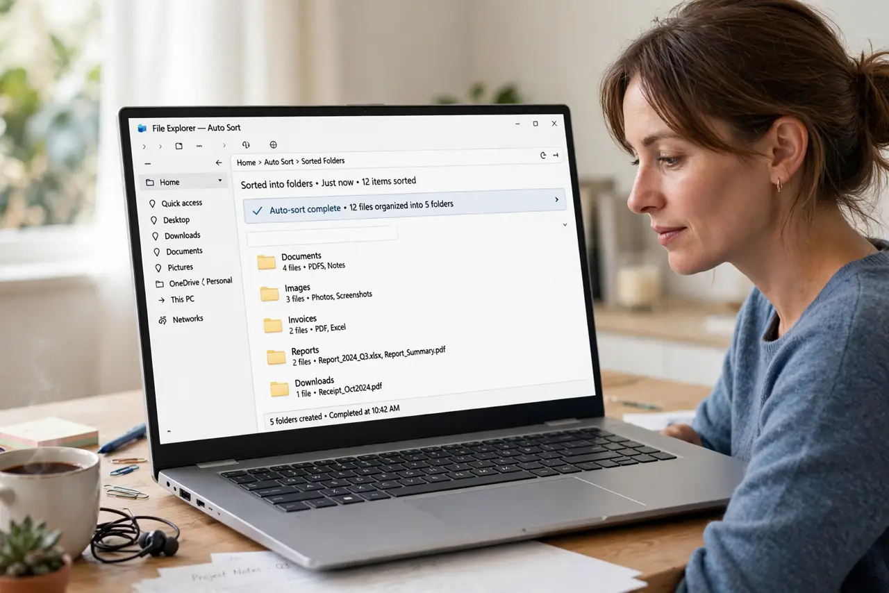 Auto-Sort Your Downloads Folder — a calm adult watching files auto-sort into folders on a real laptop, the file manager showing sorted folders w