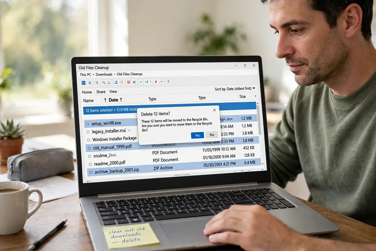 A person performing the first step of the guide: Sort by date, oldest first. The oldest files are the easiest decisions — ancient installers and long-forgotten.