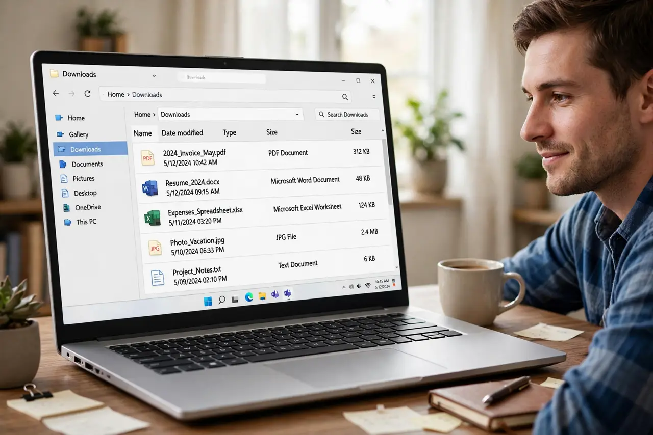 A person looking at a real computer file window showing a tidy Downloads folder with a few organized files and legible names, the person's face.
