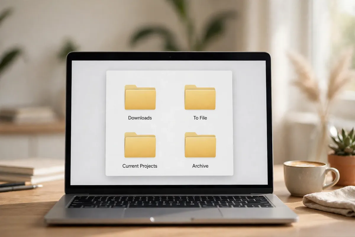 A laptop screen showing a clean file manager with four folders: Downloads, To File, Current Projects, and Archive.