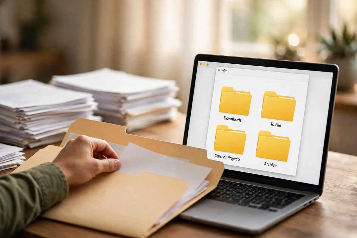 A hand filing a paper into a folder beside a laptop showing a file manager with folders Downloads, To File, Current Projects and Archive.