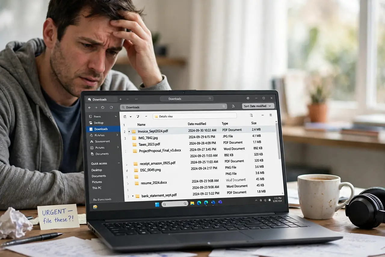 An overwhelmed adult facing a long unsorted Downloads folder in File Explorer.
