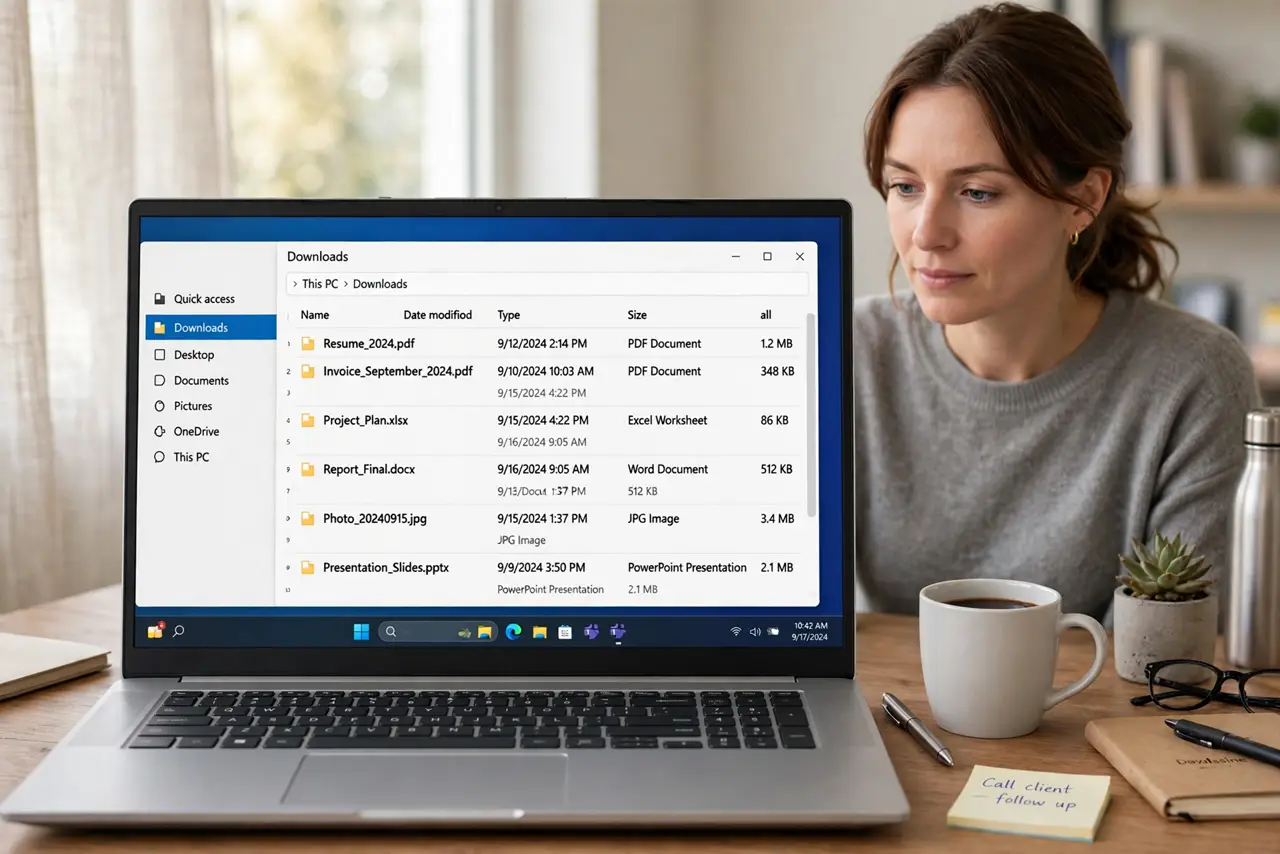 a calm adult at a desk with a real Windows laptop showing a downloads folder on the real screen with file rows and dates legible. No black screen, no blank whit
