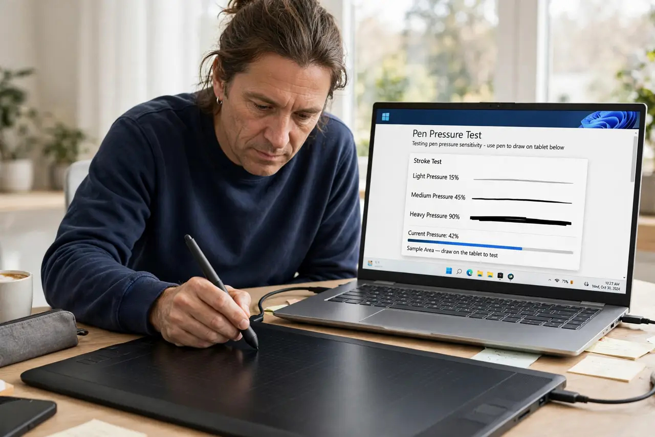 A focused adult testing pen pressure on a real drawing tablet connected to a laptop, the laptop screen showing test strokes of varying thickness with legible interface, the person pressing gently.
