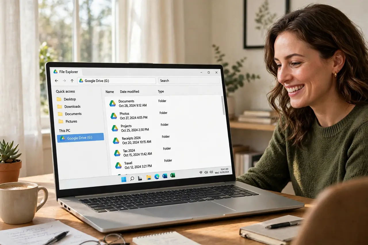 A person at a desk looking at a real laptop file explorer showing a legible Google Drive virtual drive with folders, the person's face pleased, home office.
