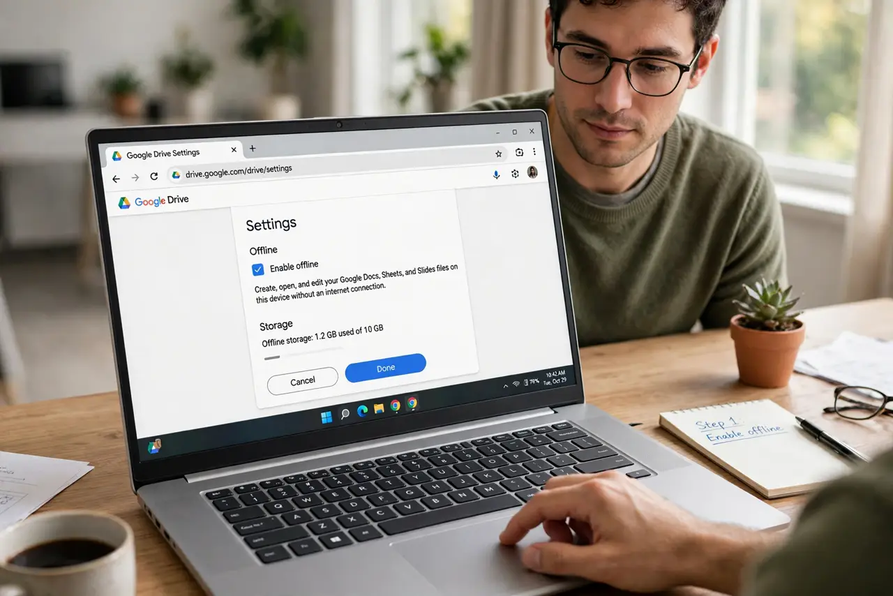 A person carrying out step one: enable offline in drive settings.