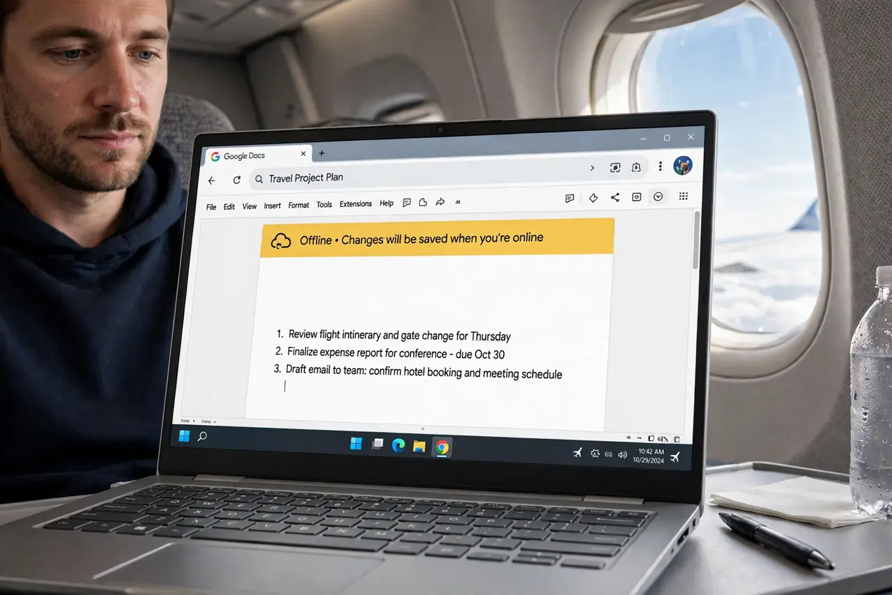A person working on a real laptop on an airplane tray table, the screen showing a Google Doc with an offline indicator legible, airplane window behind, the…