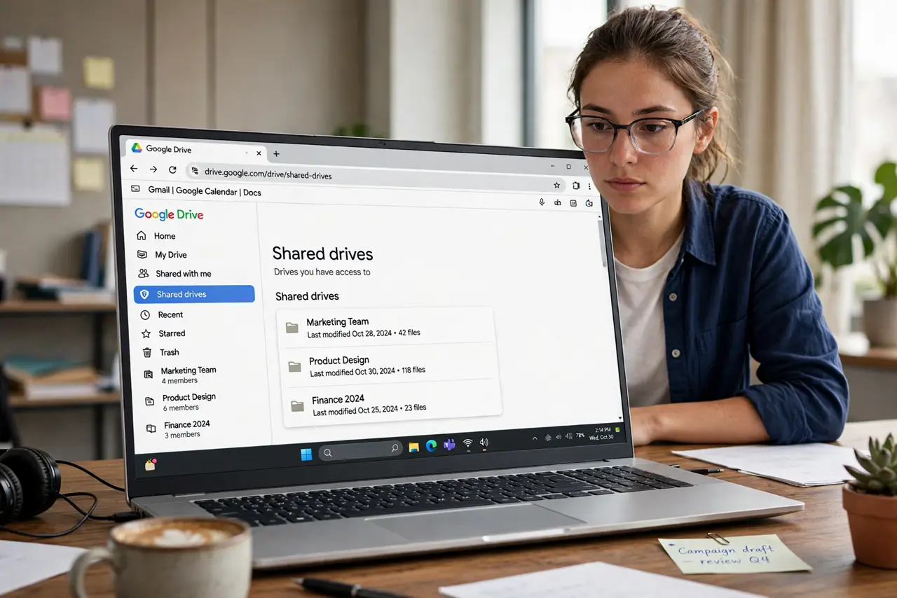 A person at a desk looking at a real laptop showing Google Drive with a legible Shared Drives section in the sidebar, the person's face focused, office.