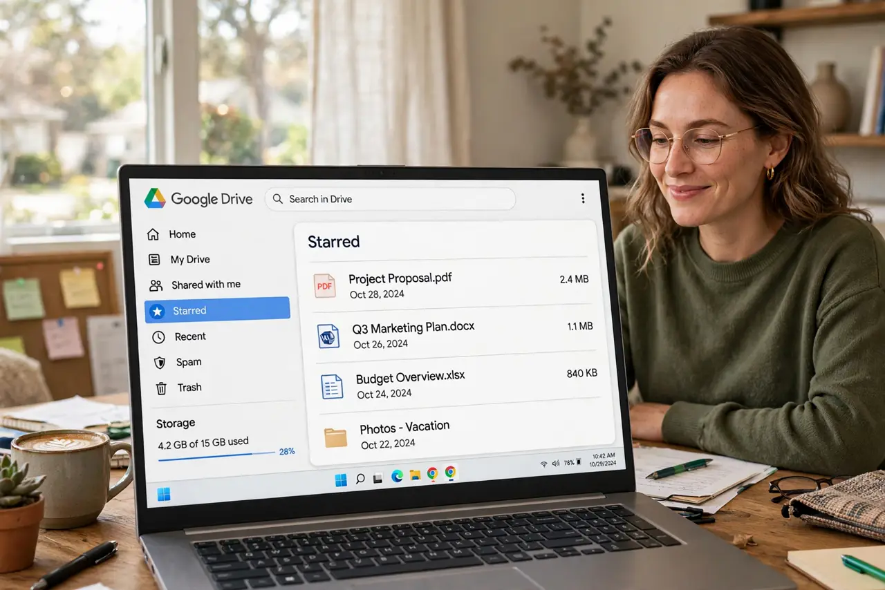 A person at a desk looking at a real laptop showing Google Drive with a legible Starred section highlighted in the sidebar, the person's face satisfied, home…
