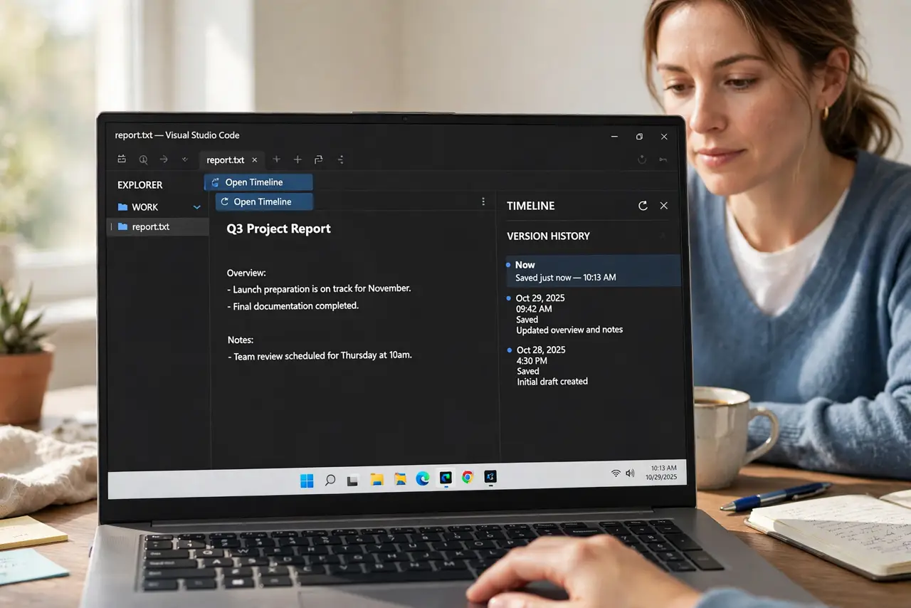 A person carrying out step one: open version history in an editor file.