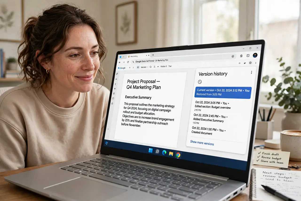 A person looking relieved at a real laptop showing Google Docs version history panel with timestamps legible, the person's face relieved, bright home office.