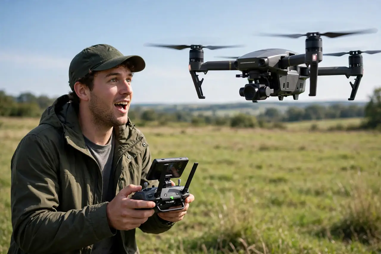 a person launching a small real drone in a wide open field, hands on the controller, the drone visibly airborne, the person's face excited and focused, clear day.