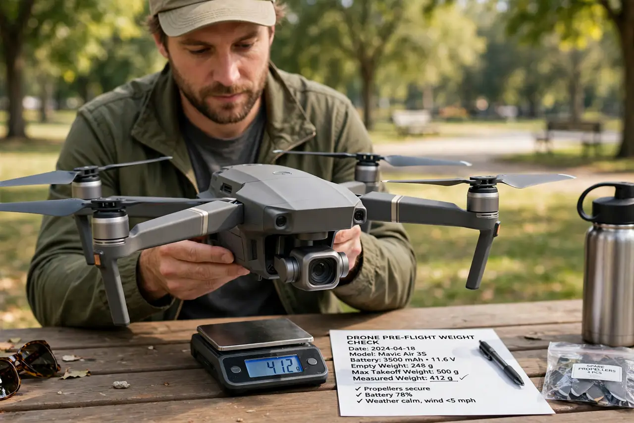 Photoreal photo of a person performing the first step: Weigh your drone or check its specs. Find the takeoff weight in the manual or on the maker's si