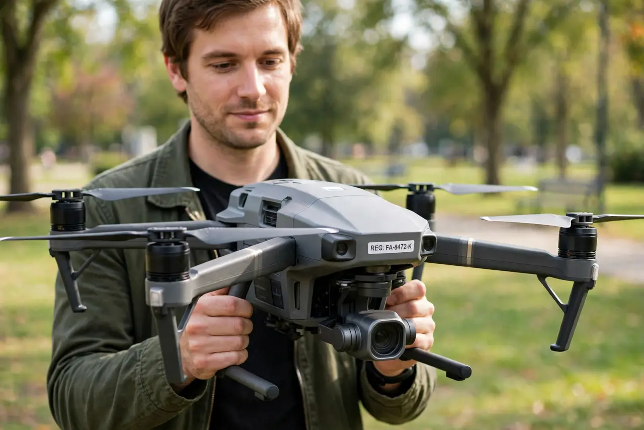 Photoreal photo: a person holding a real consumer drone in both hands outdoors, the drone's body showing a small legible registration number sticker, the person's face attentive, park background. No black screen, no blank white screen