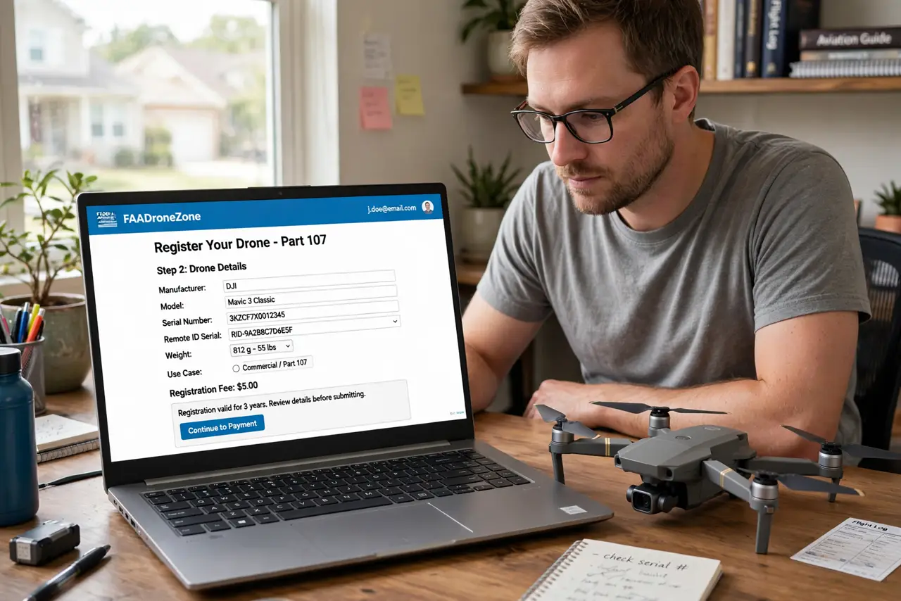 a person registering a real drone on a laptop showing a legible FAA registration page, the drone on the table beside, the person's face focused, home office.