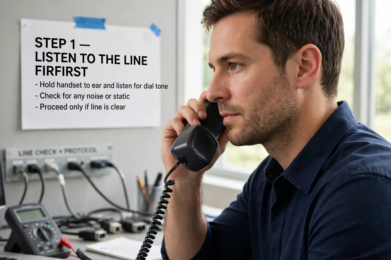Step 1 in action for Phone Line Noise Killing Your DSL: Listen to the line first.