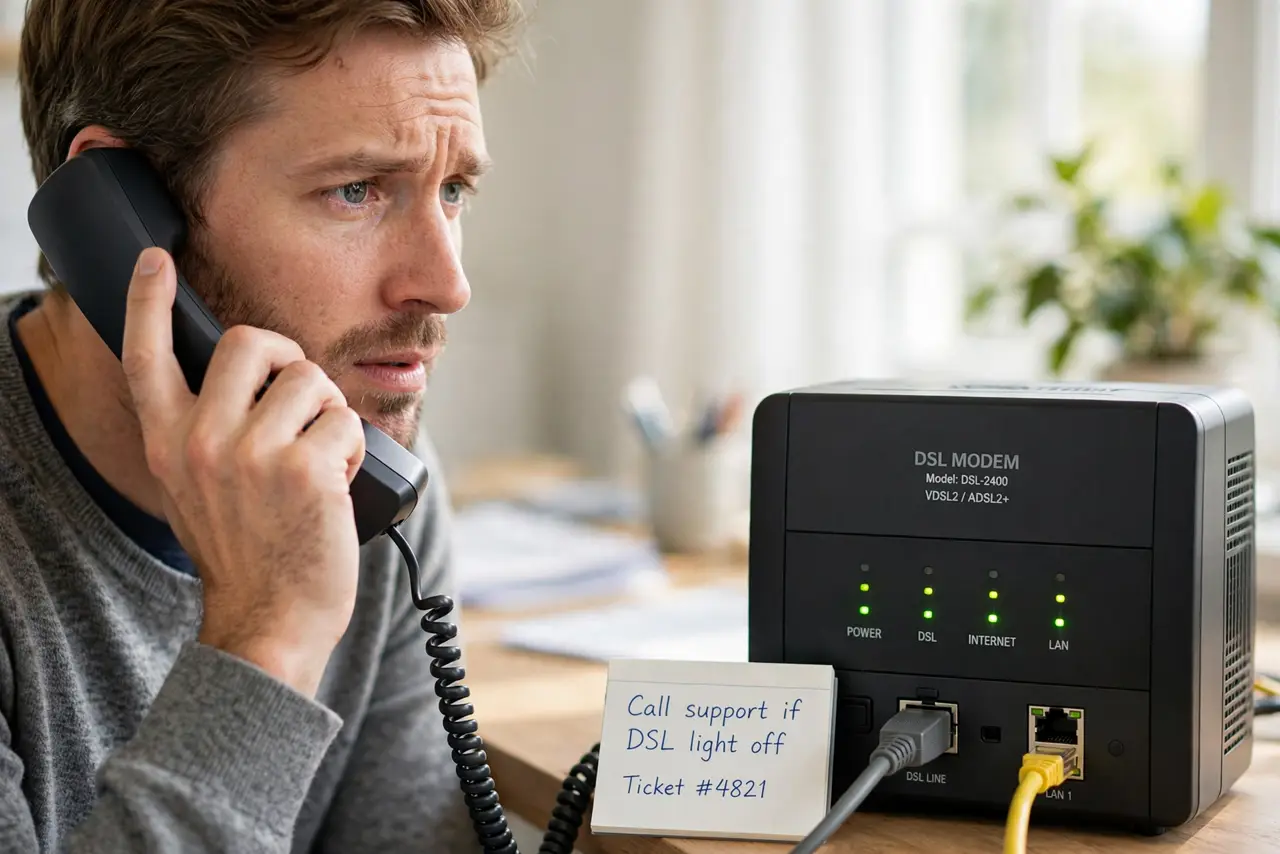 Phone Line Noise Killing Your DSL — a calm adult holding a real corded phone handset to their ear next to a real DSL modem with normal lights, the
