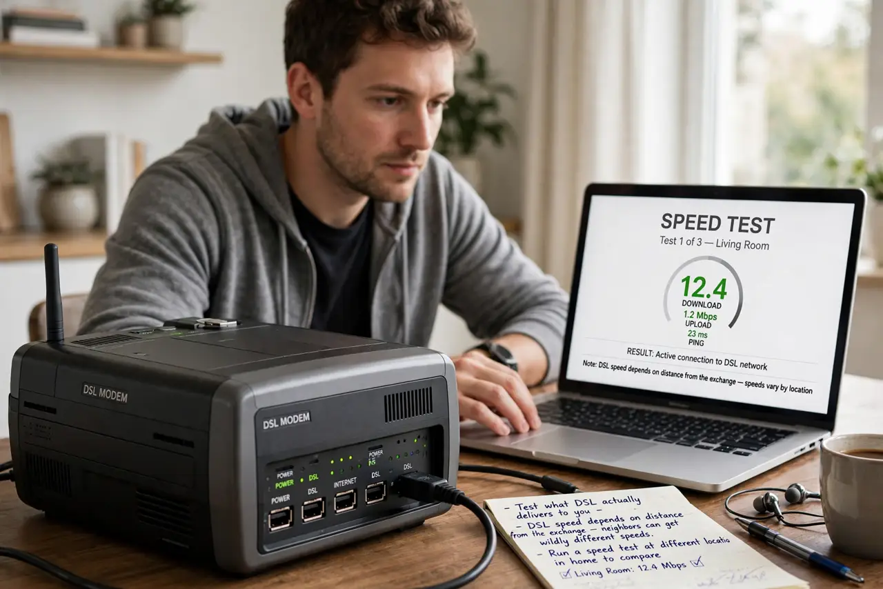 A person performing step 1: Test what DSL actually delivers to you. DSL speed depends on your distance from the exchange — neighbors can g.