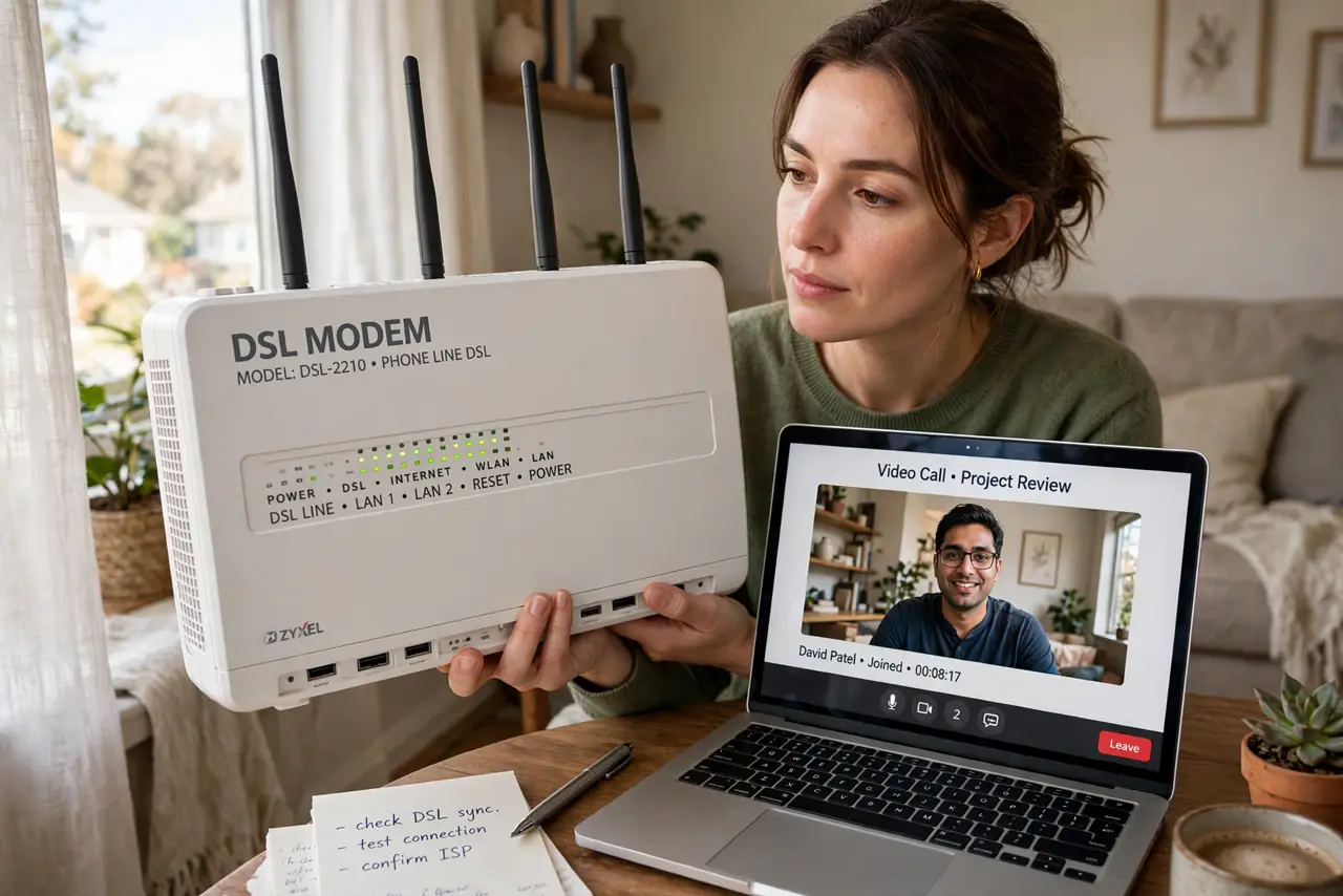 A person at home holding a real phone-line DSL modem next to a window, a laptop open on a table showing a video call with legible video, the.