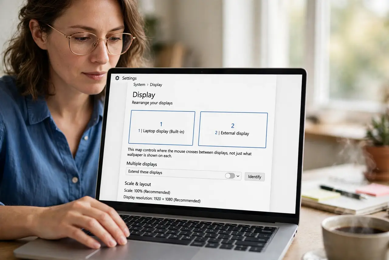 A person performing step 1 of the guide: Open the display arrangement view. Open your display settings to see the rectangles representing each monitor. This map controls where...