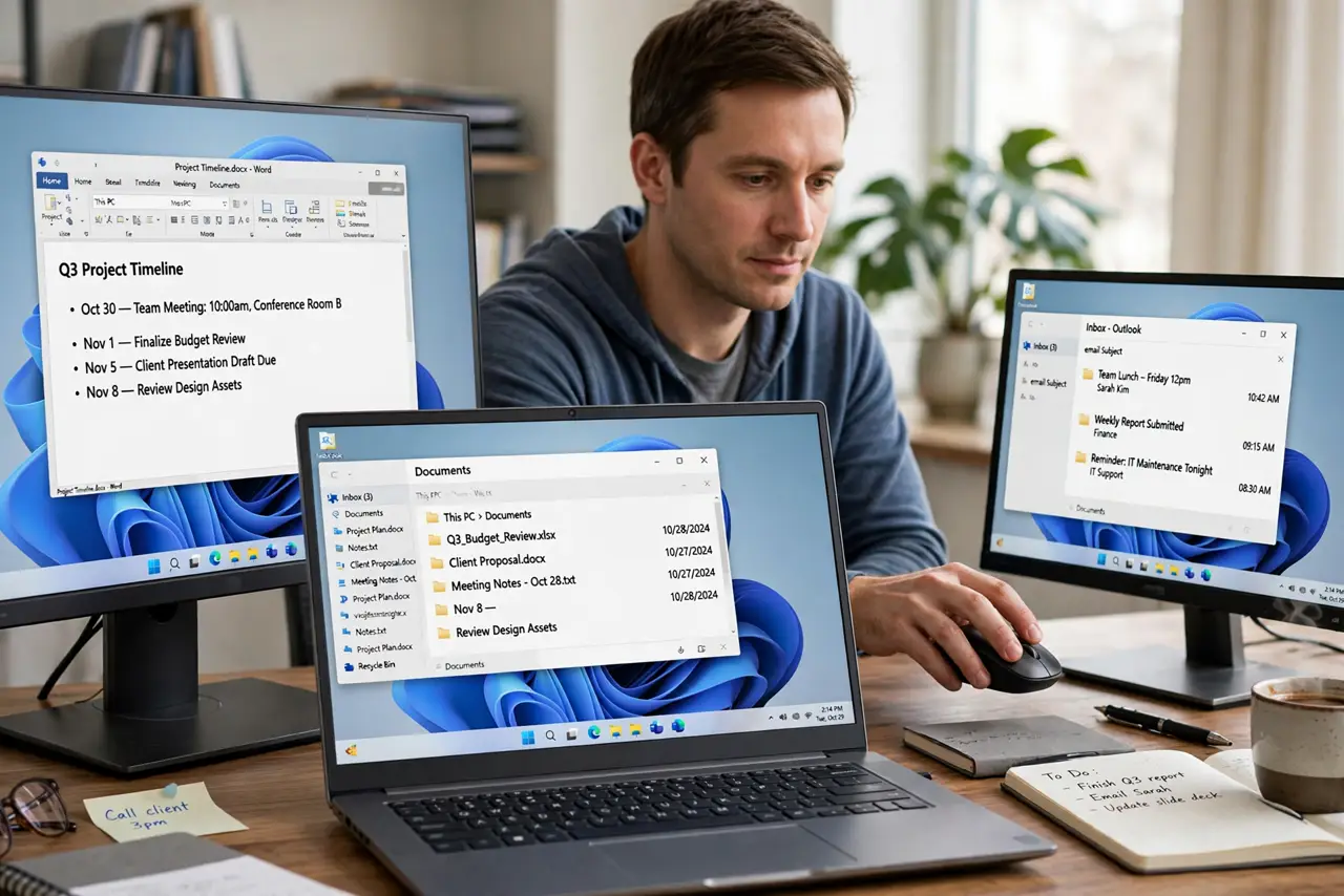 a calm adult at a desk with two real monitors of different sizes side by side, both showing normal desktops with legible text, the person moving the mouse between them