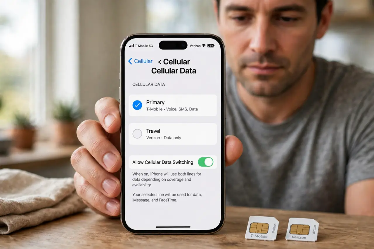 Dual SIM Uses the Wrong Line for Data — a calm adult holding a real dual-SIM smartphone showing SIM settings with the data line selector in fully legi
