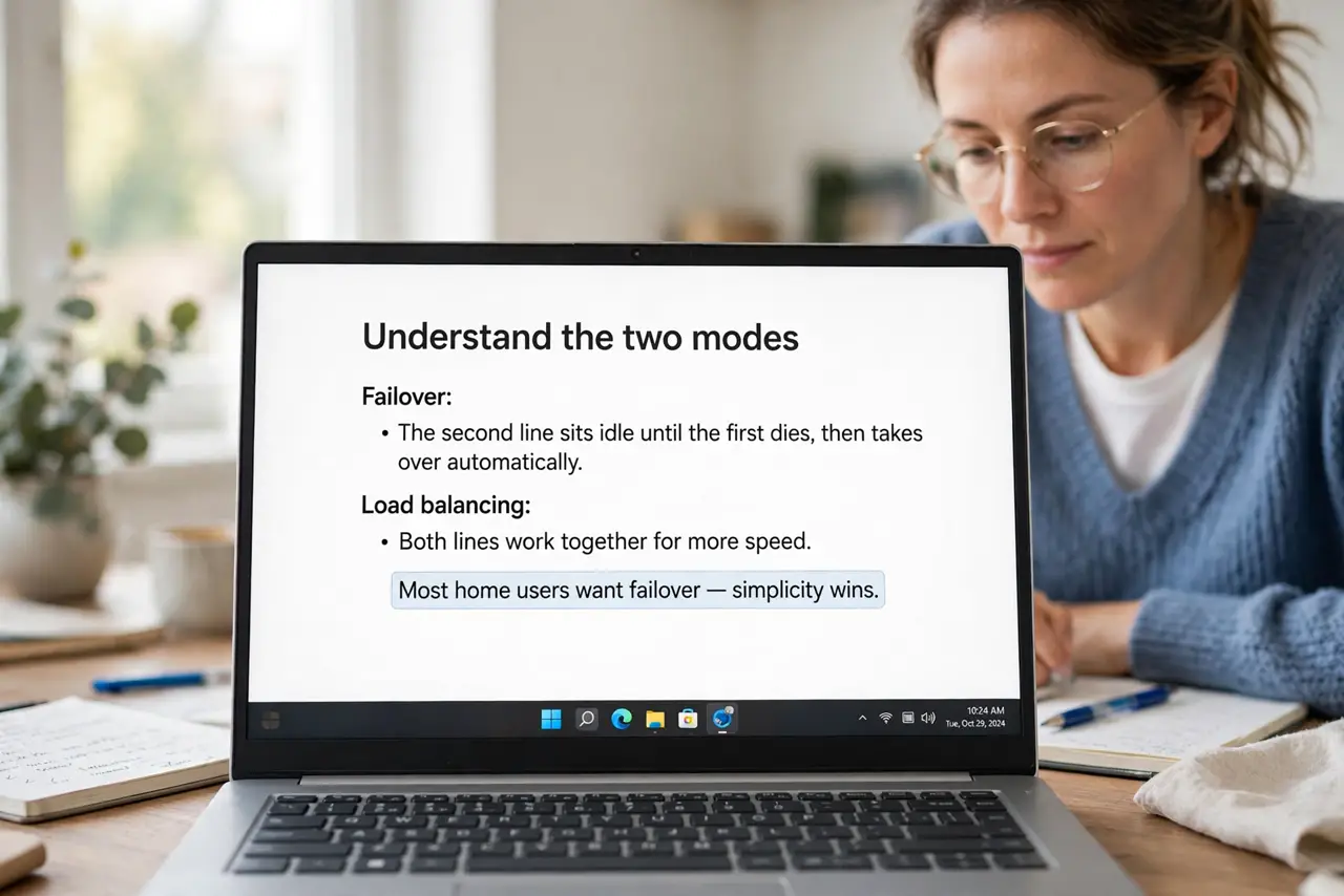 A person performing the first step of the guide: Understand the two modes. Failover: the second line sits idle until the first dies, then takes over.