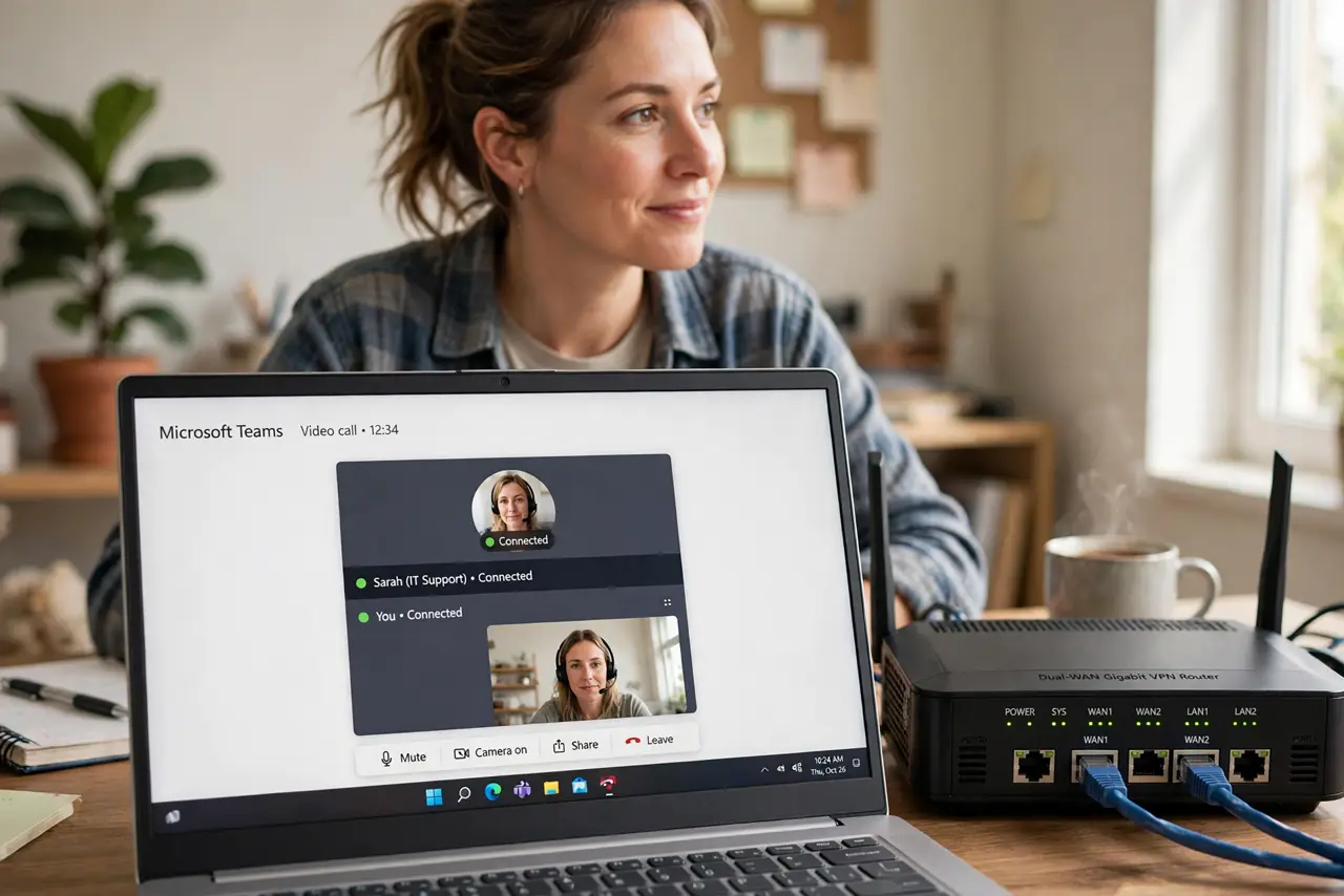 A person looking at a real dual-WAN router with two internet cables connected, status lights legible, a laptop showing a video call beside it, the.