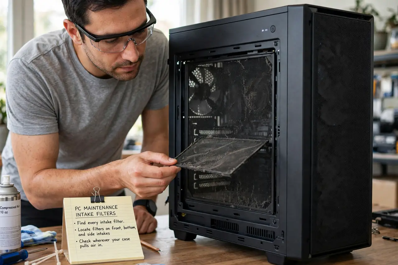 A person performing step 1 of the guide: Find every intake filter. Locate the filters on front, bottom, and side intakes — wherever your case pulls air in. Many people clean one...