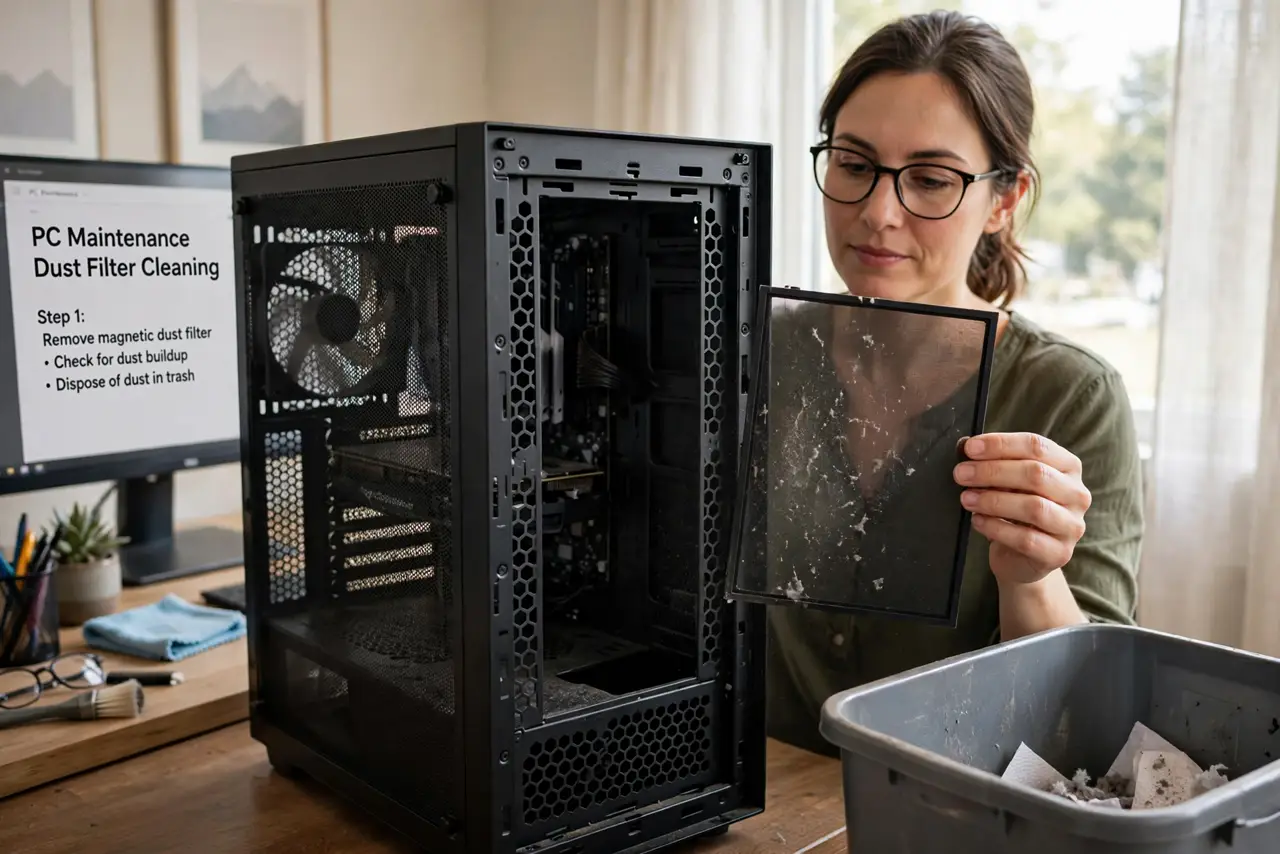 a calm adult removing a real magnetic dust filter from a desktop computer case, holding it up to show light dust, a trash bin nearby, the room normally lit