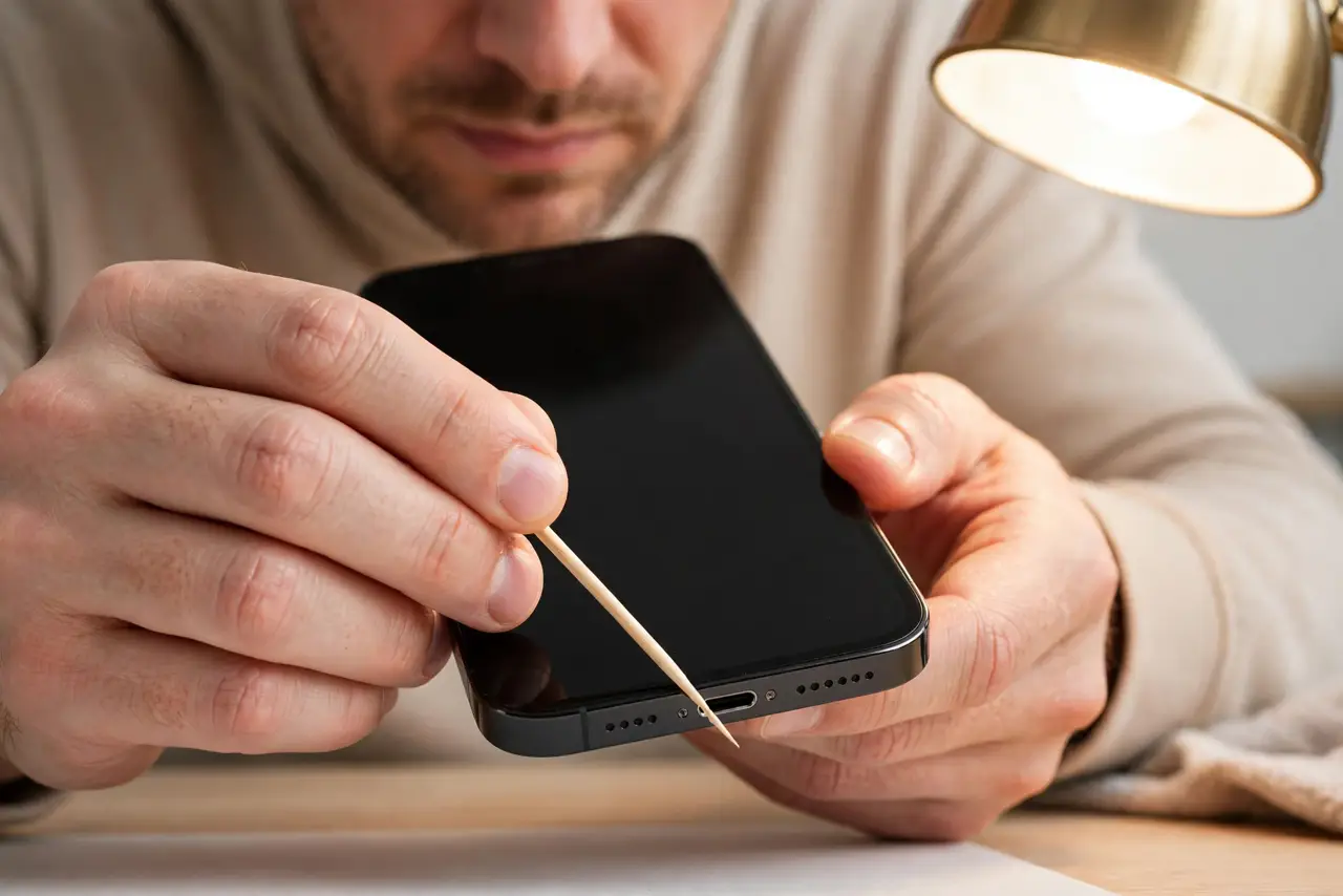 A calm adult carefully cleaning a real phone's charging port with a wooden toothpick under good light, the phone screen off, the person focused and gentle.