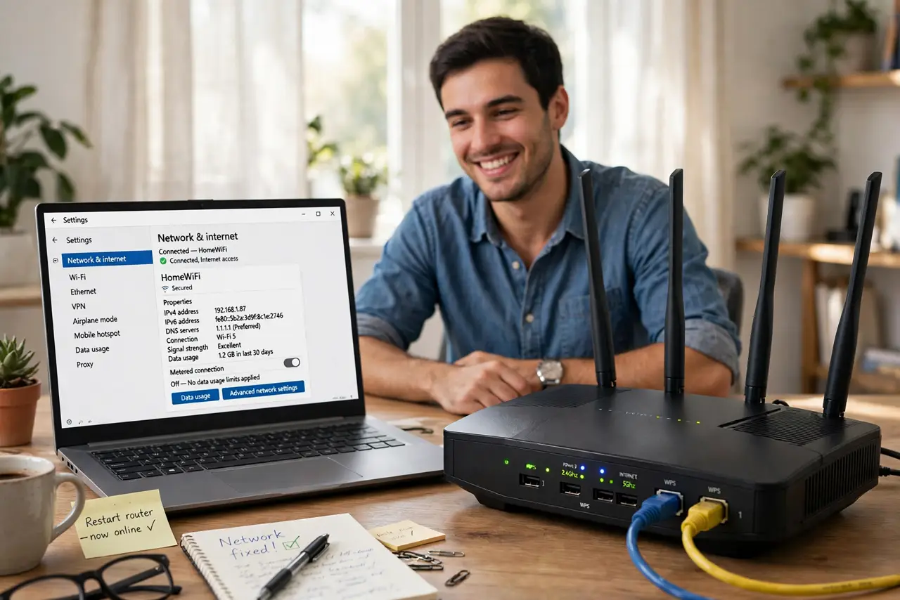 a person at a desk with a real router with blinking lights and a laptop showing a network settings page with legible text, the person's face relieved. No black screen, no blank whi.