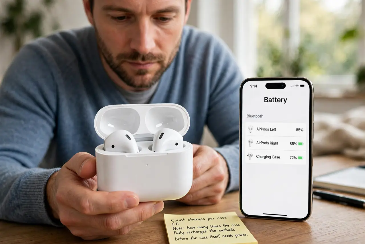 A person performing step 1 of the guide: Count charges per case fill. Note how many times the case fully recharges the earbuds before the case itself needs power. Compare with...