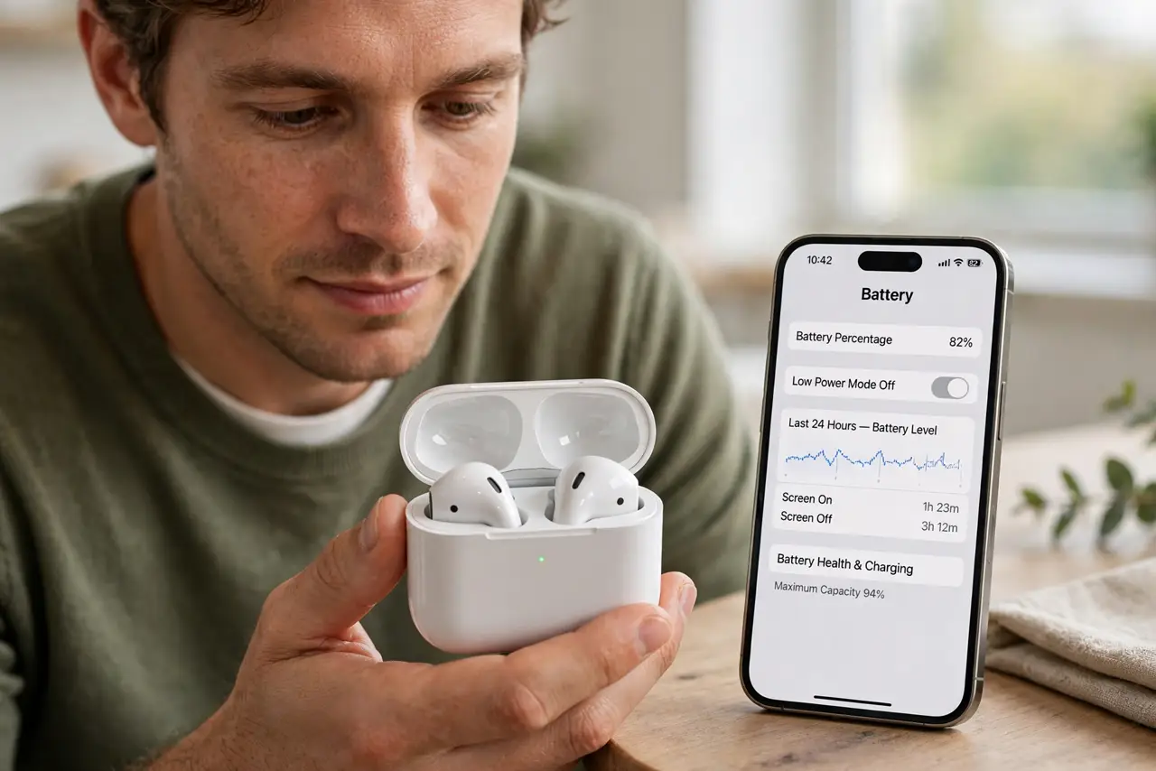 a calm adult holding a real open earbuds charging case with the earbuds inside, the case LED visible, a phone nearby showing a normal battery screen with legible text