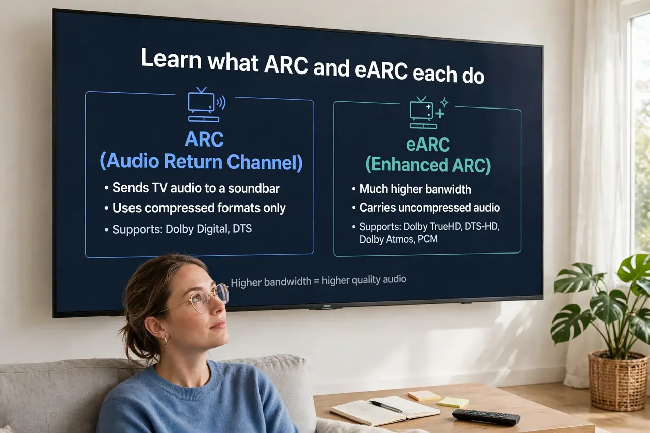 A person performing the guide's first step: Learn what ARC and eARC each do. ARC (the older version) sends TV audio to a soundbar but only in compressed formats. eARC has far more…