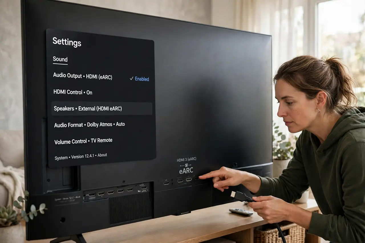A person behind a real TV pointing at the HDMI port labeled eARC with a real HDMI cable in hand, the TV screen showing a legible settings menu, the person's face focused, living room..