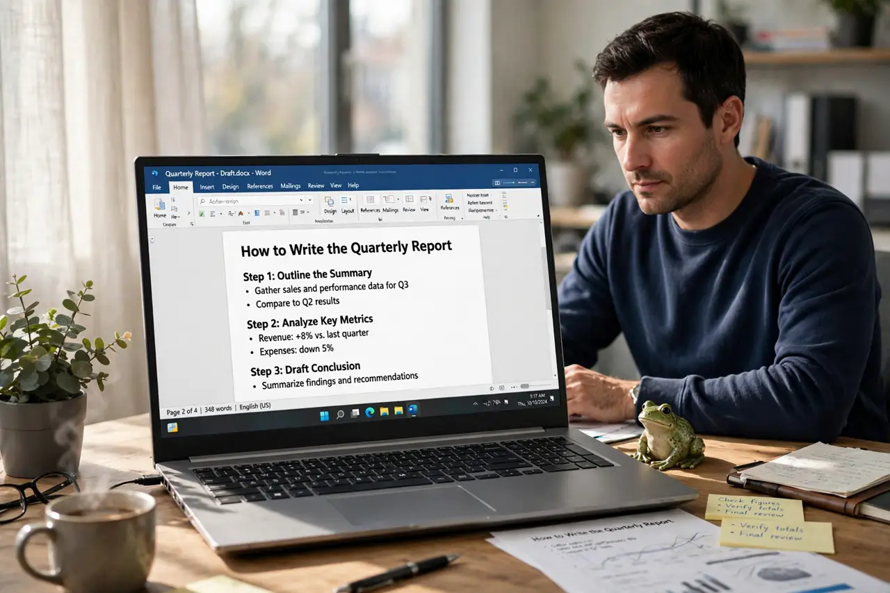 a person at a real desk in the morning tackling a difficult report on a laptop, a small frog figurine beside the keyboard as a reminder, the person's face de...