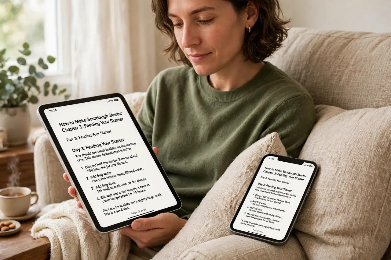 a person reading a real ebook on a real tablet with legible text, a real phone beside them showing the same book at the same page, the person's face relaxed,...