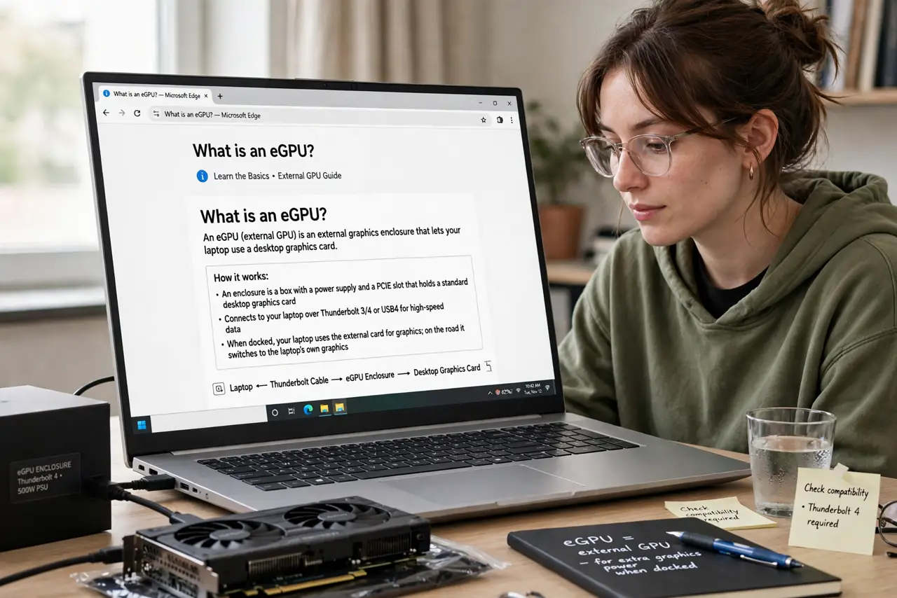 A person performing the first step of the guide: Learn what an eGPU actually is. An enclosure (a box with a power supply and a PCIe slot) holds a standard.