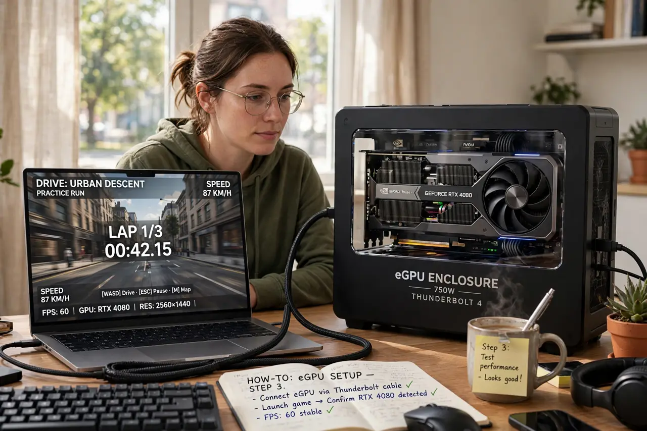 A person gaming on a real thin laptop connected by a visible cable to a real eGPU enclosure box with a graphics card inside, the game screen legible.