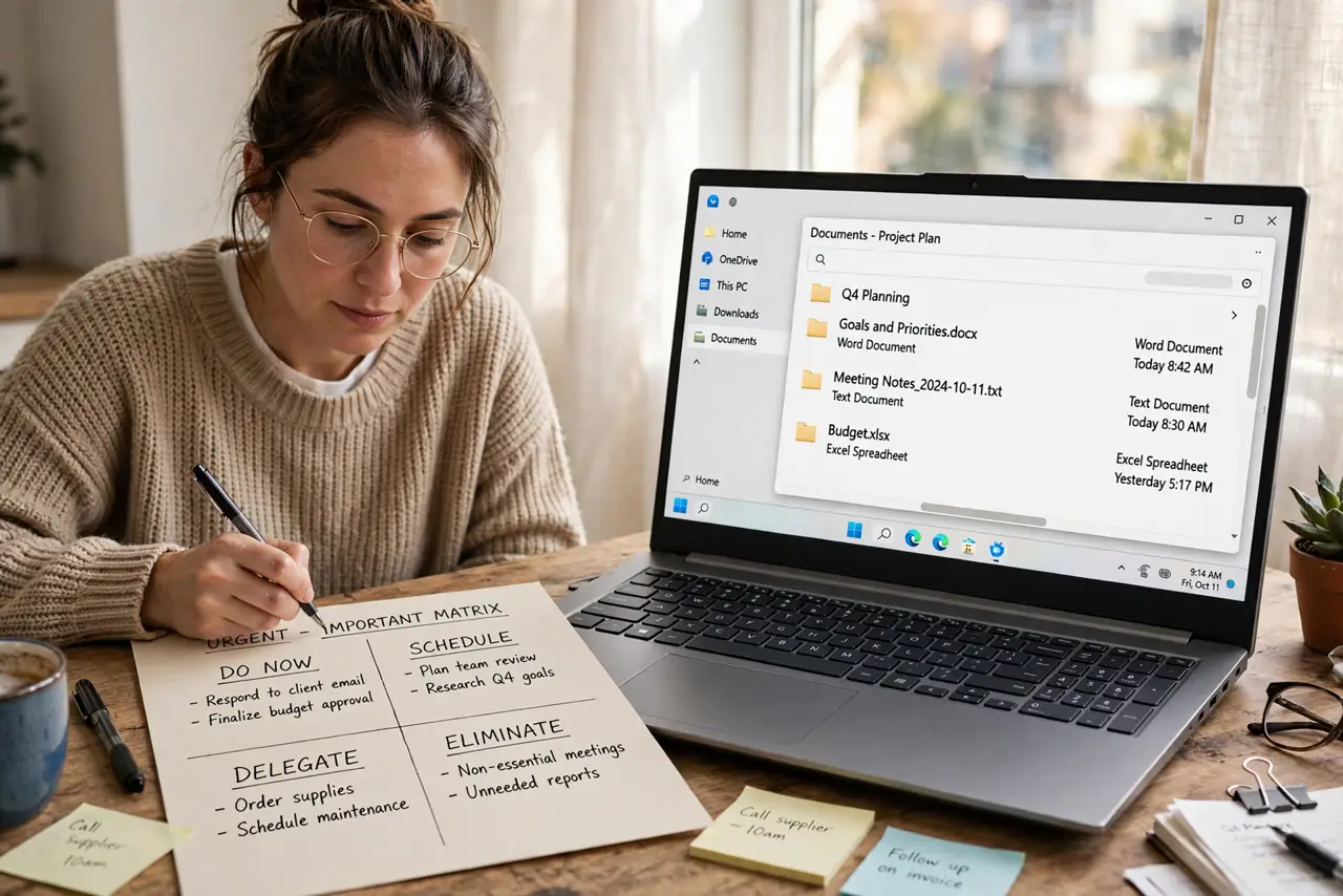 a person at a real desk drawing a four-quadrant matrix on paper with a legible urgent-important grid, a laptop beside it, the person's face focused, morning light.