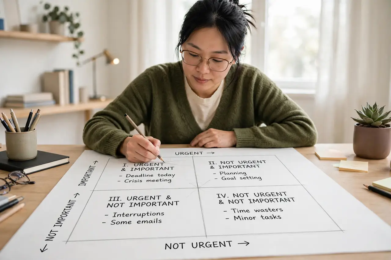 Photoreal photo of a person performing the first step: Draw the four quadrants. On paper or a whiteboard, draw a 2x2 grid. Label the rows urgent an...