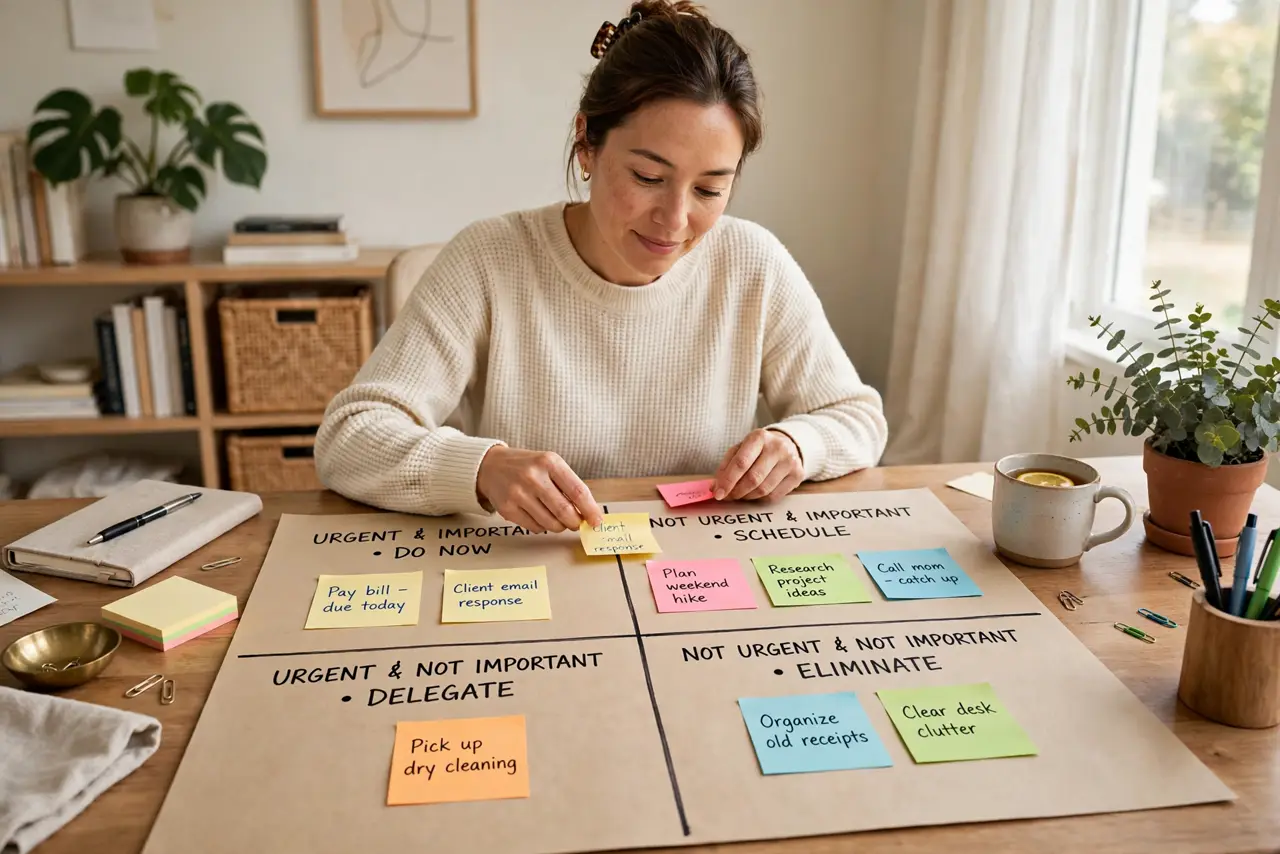 Photoreal photo: a person at a real desk sorting handwritten sticky notes into four labeled quadrants on a large paper grid, the person's face focused and calm, bright home office. No black screen, no blank white s...